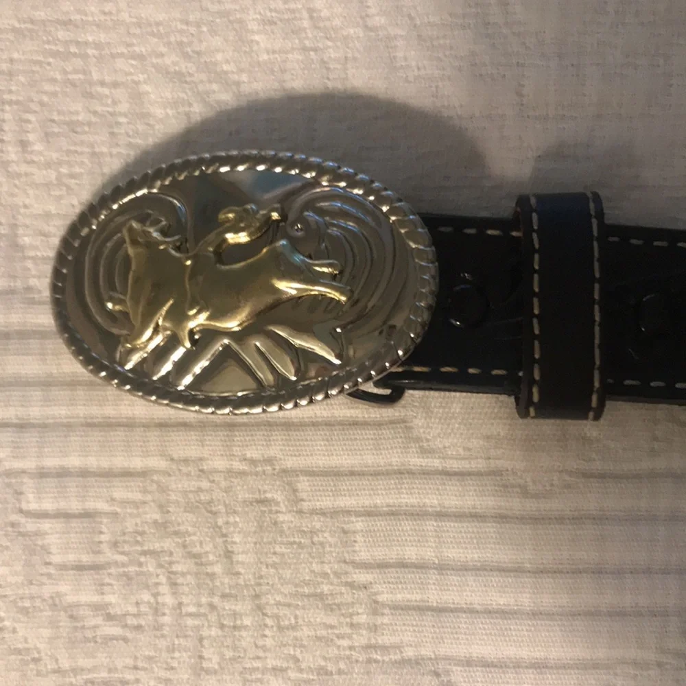 Nacona Silver & Gold Western Leather Belt Rodeo Cowboy Bull Buckle 27” Kids